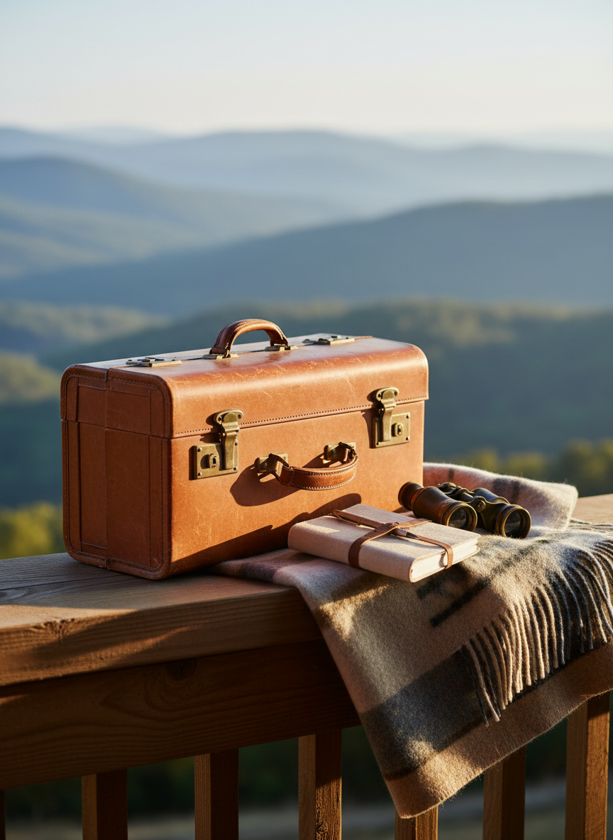 A beautifully weathered vintage-style suitcase, crafted from caramel leather with brass clasps and subtle scuff marks, rests on a wide wooden porch rail overlooking distant, misty blue mountains. Around the suitcase lie a folded wool picnic blanket in muted plaids, a linen travel journal slightly open, and a pair of binoculars. Soft golden hour sunlight washes across the scene, catching the texture of the leather and wood, while the valley beyond falls into a gentle blur. Photographic realism, shot at eye level with a shallow depth of field, creates an elegant, aspirational yet attainable mood that suggests sophisticated family road trips from a cozy mountain home base.