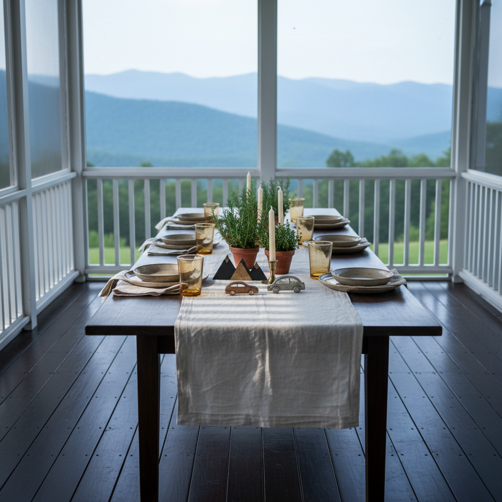 An elegant screened porch with dark-stained cedar floors and white railings holds a long, narrow table set for an intimate family send-off brunch. The table is draped in a crisp ivory linen runner, topped with simple stoneware plates, amber glass tumblers, and small potted herbs as centerpieces. Subtle travel motifs appear as miniature non-textual icons—tiny sculpted mountains, stylized car silhouettes, and abstracted compasses—discreetly placed among taper candles. Misty blue ridges rise in the background, softly blurred. Early morning light filters through the screen, creating a cool, serene glow and faint linear patterns on the table surface. Photographic realism, shot from one end of the table with strong depth, conveys a refined, anticipatory mood of departure day rituals.