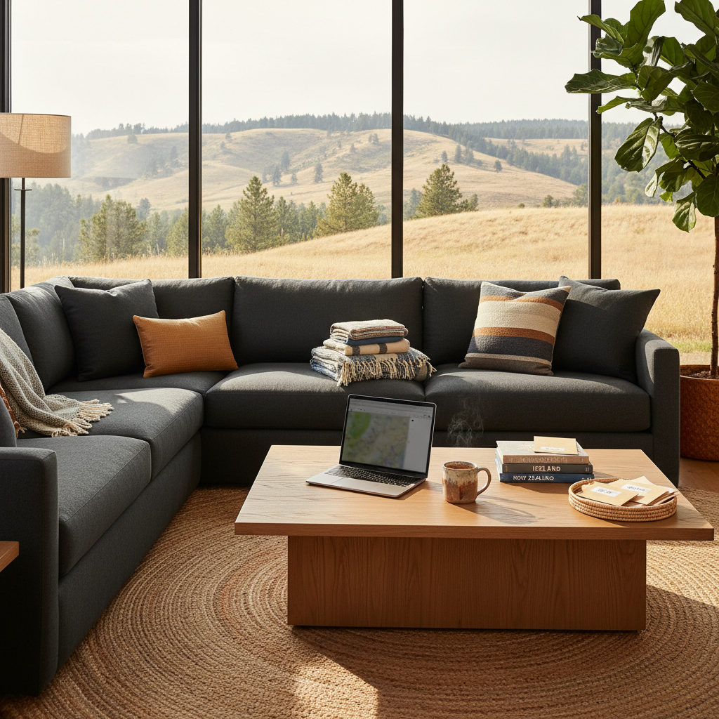 An inviting, thoughtfully styled living room scene features a deep charcoal linen sectional sofa with oversized cushions, its surface layered with neatly folded travel blankets in coordinated blues and earthy neutrals. On the low oak coffee table, an open laptop displays a blurred map interface, surrounded by a stack of guidebooks, a ceramic mug, and a small tray with labeled envelopes for future destinations. Floor-to-ceiling windows frame soft, rolling foothills outside, bathed in late-afternoon light that casts elongated, calm shadows across the woven jute rug. Photographic realism, composed using the rule of thirds from a standing eye-level perspective, conveys a serene, organized mood of intentional family travel planning from a refined mountain nest.