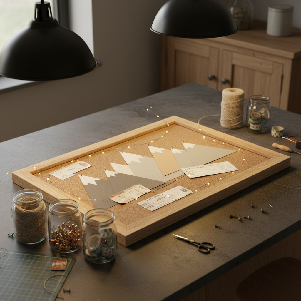 A cozy cabin kitchen island made from honed soapstone is transformed into a DIY travel-themed craft station. At its center rests a large unfinished wooden frame filled with a cork backing, partially adorned with precisely cut paper mountain peaks, tiny string lights, and pinned ticket stubs. Nearby, glass jars hold sorted supplies: neutral-toned twine, metallic thumbtacks, and delicately patterned washi tapes. Overhead, warm pendant lights with matte black shades create focused pools of light, illuminating the textures of paper and wood while leaving the background softly in shadow. Photographic realism, captured from a slightly overhead three-quarter angle with shallow depth of field, evokes a sophisticated, hands-on atmosphere for creating memory boards and homemade decor commemorating family journeys.