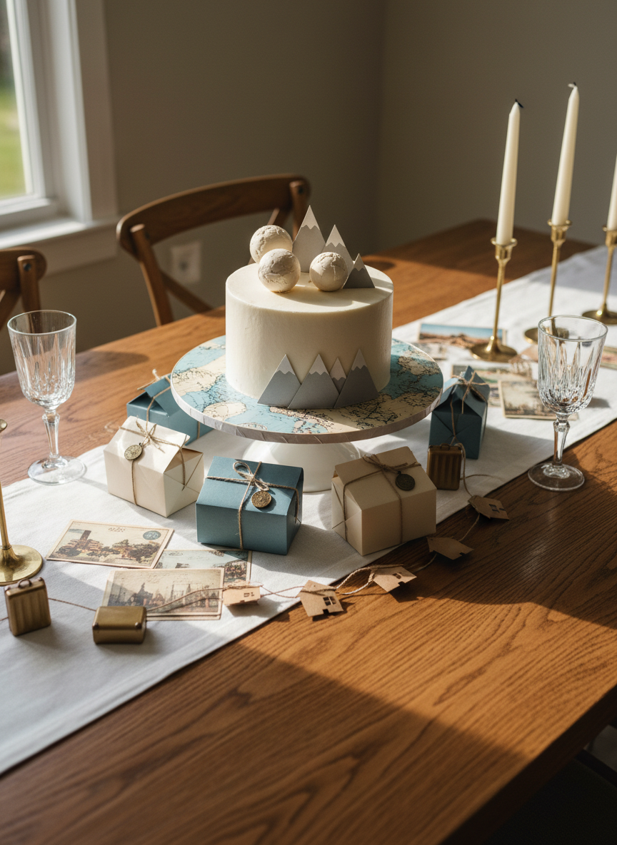 A polished farmhouse-style dining table made of rich, knotty oak is carefully arranged with an understated travel-themed family celebration. At the center, a large atlas-patterned cake stand holds a simple white cake topped with tiny, non-human decorative globe sculptures and paper mountain silhouettes. Around it, neatly wrapped favor boxes in muted blues and creams, vintage postcards, and a garland of tiny kraft-paper houses evoke home and journeys. Afternoon light streams through unseen windows, creating soft, directional shadows and gentle highlights on glassware and brushed brass candlesticks. Photographic realism, shot from a slightly elevated angle with sharp focus, captures an intimate, sophisticated atmosphere perfect for planning memorable trips and milestone celebrations.