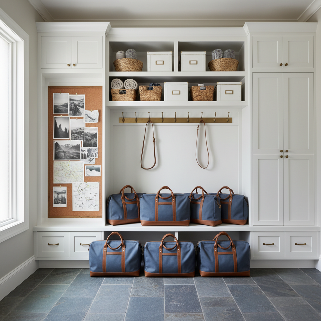 A spacious, well-organized mudroom with slate tile flooring and built-in white cabinetry displays a row of coordinated weekender bags in slate blue canvas and cognac leather, each neatly aligned on a bench beneath polished brass hooks. Above, woven baskets hold rolled travel blankets and labeled storage boxes, while to the side, a corkboard showcases an artful arrangement of printed photographs of landscapes, clipped maps, and minimalist illustrated itineraries with no visible text. Soft, diffused daylight filters from a frosted side window, creating gentle, even illumination with delicate shadows under the bench. Photographic realism, captured straight-on with symmetrical composition and sharp focus, communicates a calm, efficient, and sophisticated home base prepared for frequent, meaningful family getaways.