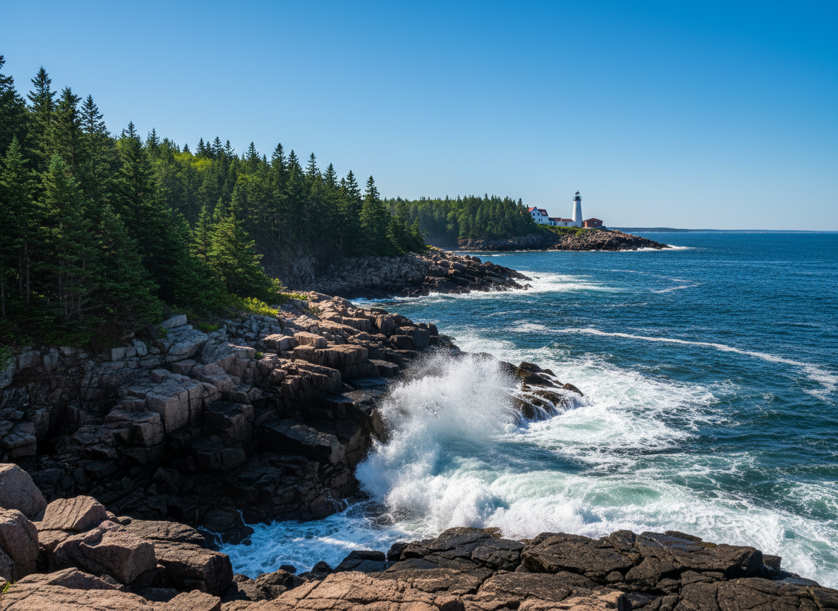 A stunning scenic photo of the Maine coastline, rocky shores with crashing waves, pine trees, and a lighthouse in the distance under a clear blue sky