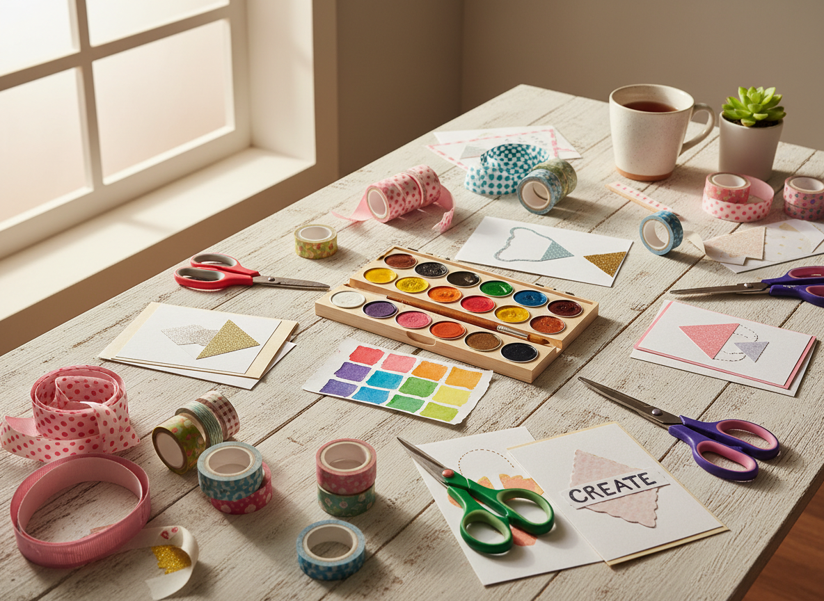 A beautifully styled craft table with colorful supplies